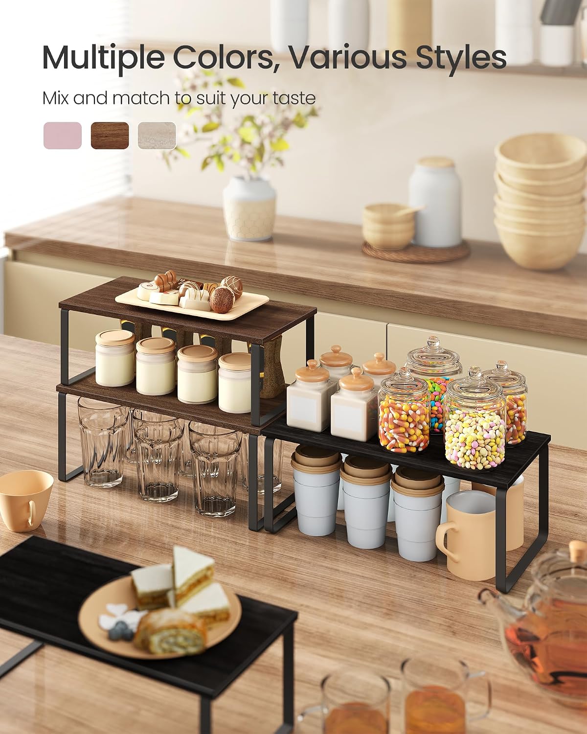 Cabinet Organizer Shelf, Set of 2 Kitchen Counter Shelves, Kitchen Storage, Spice Rack, Stackable, Expandable, Metal and Engineered Wood, 11.7 Inches, Ink Black and Natural Beige UKCS02NB