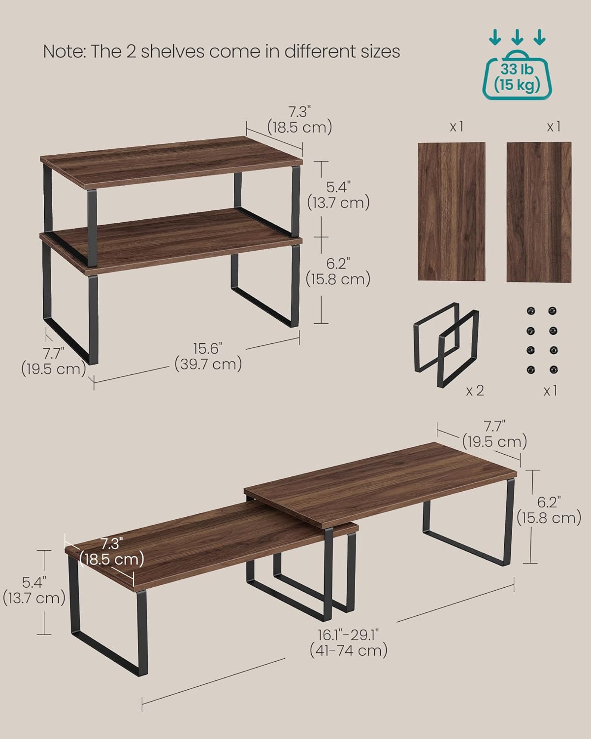 Cabinet Organizer Shelf, Set of 2 Kitchen Counter Shelves, Kitchen Storage, Spice Rack, Stackable, Expandable, Metal and Engineered Wood, 11.7 Inches, Ink Black and Natural Beige UKCS02NB