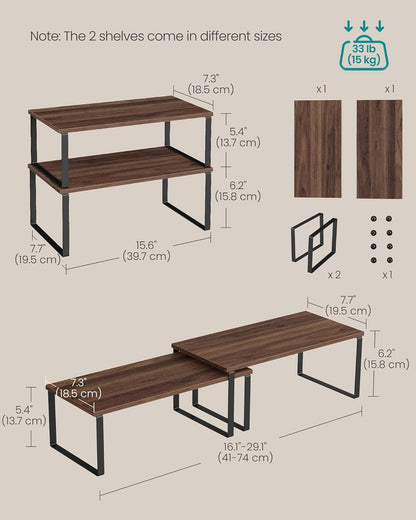 Cabinet Organizer Shelf, Set of 2 Kitchen Counter Shelves, Kitchen Storage, Spice Rack, Stackable, Expandable, Metal and Engineered Wood, 11.7 Inches, Ink Black and Natural Beige UKCS02NB