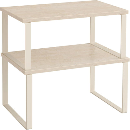 Cabinet Organizer Shelf, Set of 2 Kitchen Counter Shelves, Kitchen Storage, Spice Rack, Stackable, Expandable, Metal and Engineered Wood, 11.7 Inches, Ink Black and Natural Beige UKCS02NB
