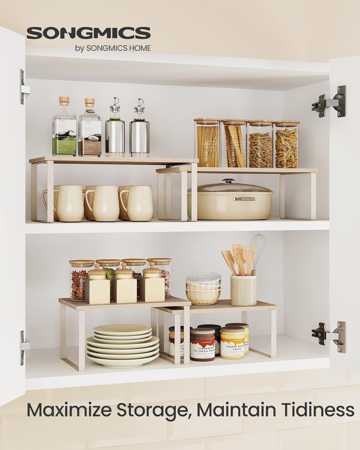 Cabinet Organizer Shelf, Set of 2 Kitchen Counter Shelves, Kitchen Storage, Spice Rack, Stackable, Expandable, Metal and Engineered Wood, 11.7 Inches, Ink Black and Natural Beige UKCS02NB
