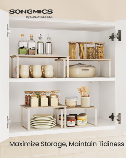 Cabinet Organizer Shelf, Set of 2 Kitchen Counter Shelves, Kitchen Storage, Spice Rack, Stackable, Expandable, Metal and Engineered Wood, 11.7 Inches, Ink Black and Natural Beige UKCS02NB