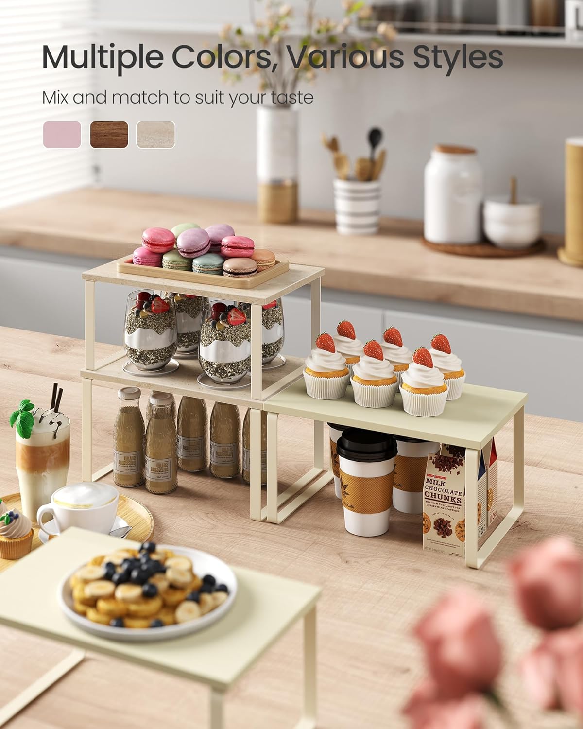 Cabinet Organizer Shelf, Set of 2 Kitchen Counter Shelves, Kitchen Storage, Spice Rack, Stackable, Expandable, Metal and Engineered Wood, 11.7 Inches, Ink Black and Natural Beige UKCS02NB