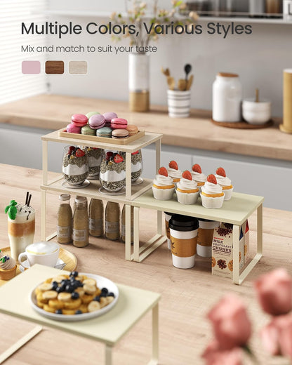 Cabinet Organizer Shelf, Set of 2 Kitchen Counter Shelves, Kitchen Storage, Spice Rack, Stackable, Expandable, Metal and Engineered Wood, 11.7 Inches, Ink Black and Natural Beige UKCS02NB