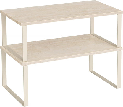 Cabinet Organizer Shelf, Set of 2 Kitchen Counter Shelves, Kitchen Storage, Spice Rack, Stackable, Expandable, Metal and Engineered Wood, 11.7 Inches, Ink Black and Natural Beige UKCS02NB