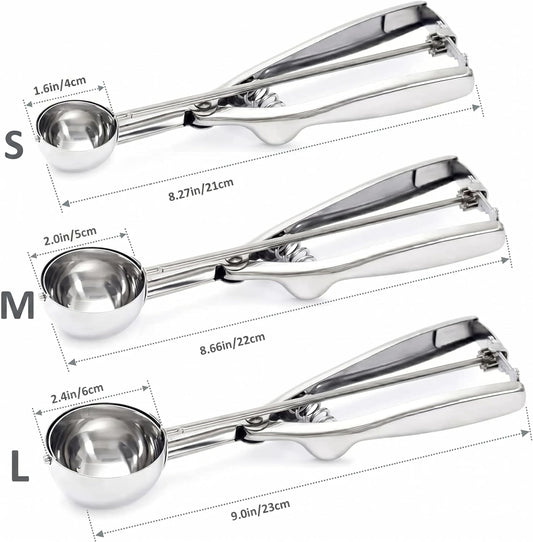Ice Cream Scoop, 3Pcs Cookie Scoop Set, 18/8 Stainless Steel Cookie Dough Scoop, Cookie Scoops for Baking Set of 3, Ice Cream Scooper with Trigger Release, Cookie Scooper for Baking