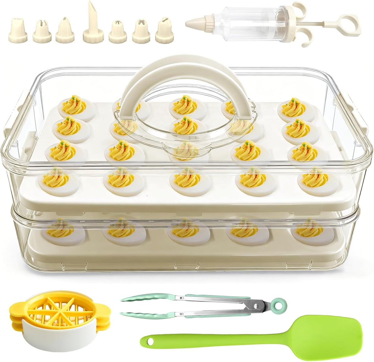 Deviled Egg Containers with Lid & Handle (2 Layer Snap-on) PET Thickened Eggs Holder Inc Egg Slicer Kitchen Tongs Silicone Spatula and Piping Decorating Kit,for Festival Party Brunch