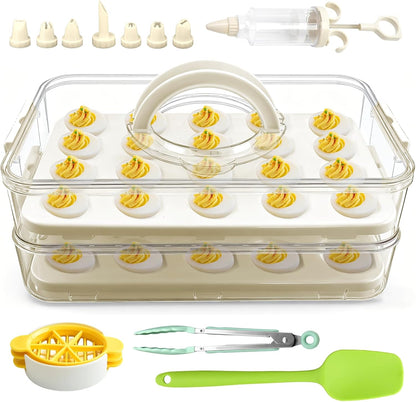 Deviled Egg Containers with Lid & Handle (2 Layer Snap-on) PET Thickened Eggs Holder Inc Egg Slicer Kitchen Tongs Silicone Spatula and Piping Decorating Kit,for Festival Party Brunch