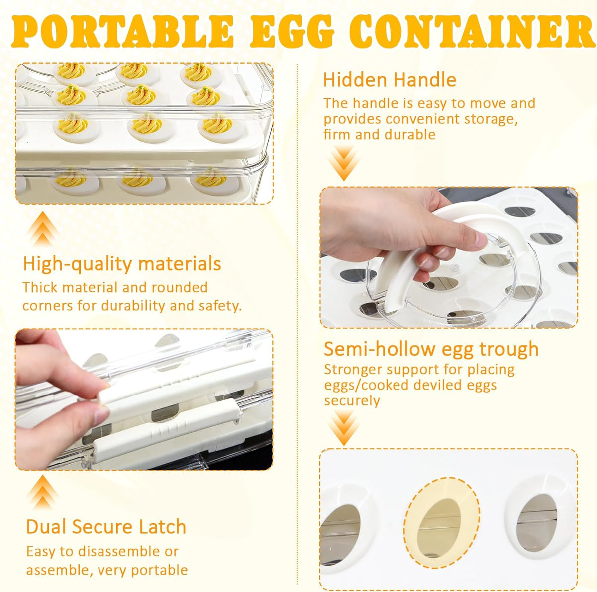 Deviled Egg Containers with Lid & Handle (2 Layer Snap-on) PET Thickened Eggs Holder Inc Egg Slicer Kitchen Tongs Silicone Spatula and Piping Decorating Kit,for Festival Party Brunch