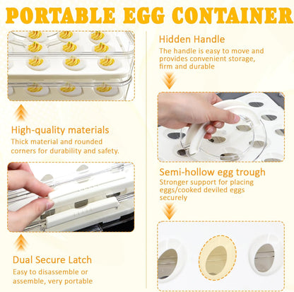 Deviled Egg Containers with Lid & Handle (2 Layer Snap-on) PET Thickened Eggs Holder Inc Egg Slicer Kitchen Tongs Silicone Spatula and Piping Decorating Kit,for Festival Party Brunch