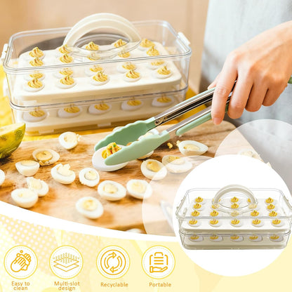 Deviled Egg Containers with Lid & Handle (2 Layer Snap-on) PET Thickened Eggs Holder Inc Egg Slicer Kitchen Tongs Silicone Spatula and Piping Decorating Kit,for Festival Party Brunch