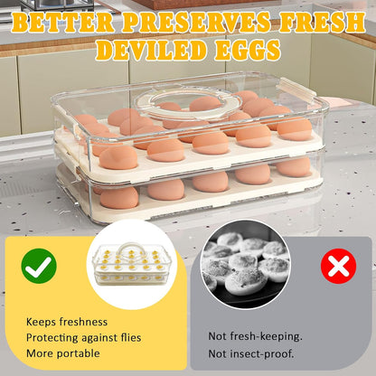 Deviled Egg Containers with Lid & Handle (2 Layer Snap-on) PET Thickened Eggs Holder Inc Egg Slicer Kitchen Tongs Silicone Spatula and Piping Decorating Kit,for Festival Party Brunch