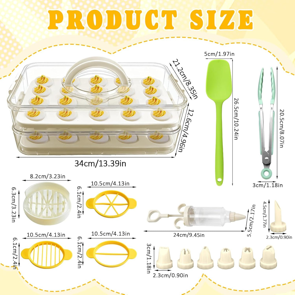 Deviled Egg Containers with Lid & Handle (2 Layer Snap-on) PET Thickened Eggs Holder Inc Egg Slicer Kitchen Tongs Silicone Spatula and Piping Decorating Kit,for Festival Party Brunch