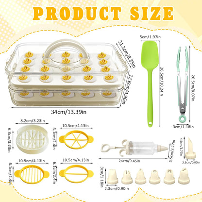 Deviled Egg Containers with Lid & Handle (2 Layer Snap-on) PET Thickened Eggs Holder Inc Egg Slicer Kitchen Tongs Silicone Spatula and Piping Decorating Kit,for Festival Party Brunch