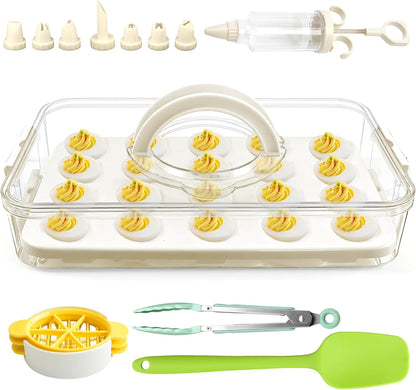 Deviled Egg Containers with Lid & Handle (2 Layer Snap-on) PET Thickened Eggs Holder Inc Egg Slicer Kitchen Tongs Silicone Spatula and Piping Decorating Kit,for Festival Party Brunch