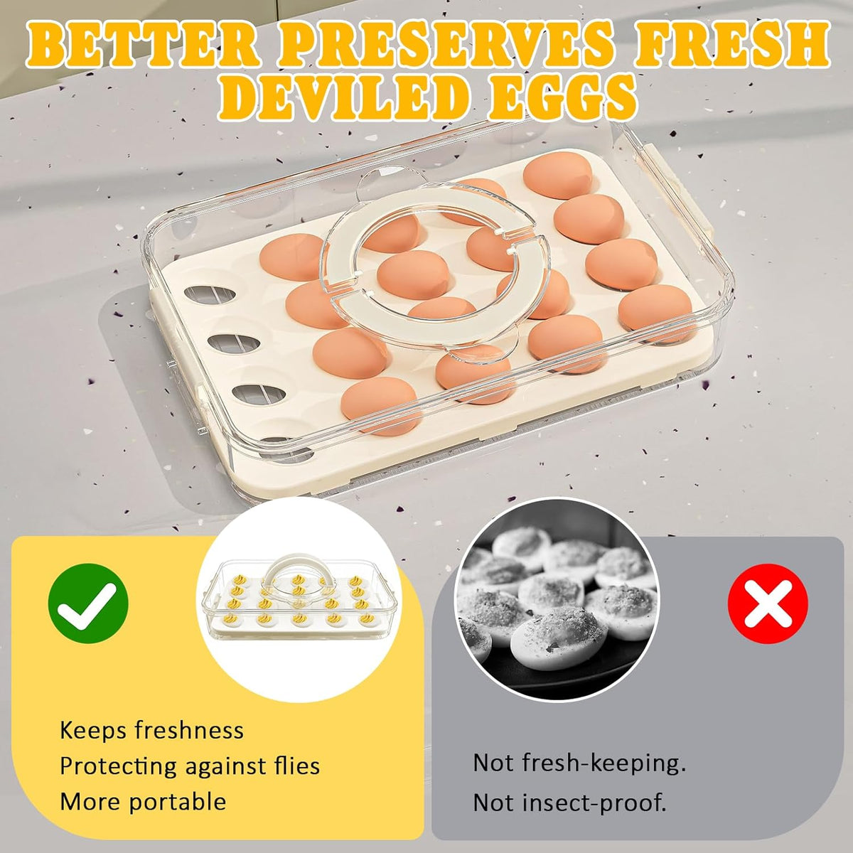 Deviled Egg Containers with Lid & Handle (2 Layer Snap-on) PET Thickened Eggs Holder Inc Egg Slicer Kitchen Tongs Silicone Spatula and Piping Decorating Kit,for Festival Party Brunch