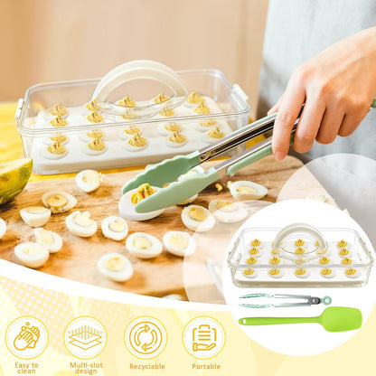 Deviled Egg Containers with Lid & Handle (2 Layer Snap-on) PET Thickened Eggs Holder Inc Egg Slicer Kitchen Tongs Silicone Spatula and Piping Decorating Kit,for Festival Party Brunch