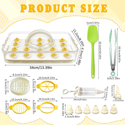 Deviled Egg Containers with Lid & Handle (2 Layer Snap-on) PET Thickened Eggs Holder Inc Egg Slicer Kitchen Tongs Silicone Spatula and Piping Decorating Kit,for Festival Party Brunch