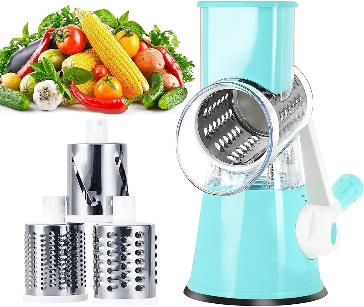Cheese Grater Hand Crank With High-suction Base, Multifunctional Hand Cheese Grater with Handle, Rotary Cheese Shredder Vegetable Slicer Nuts Grinder, Blue