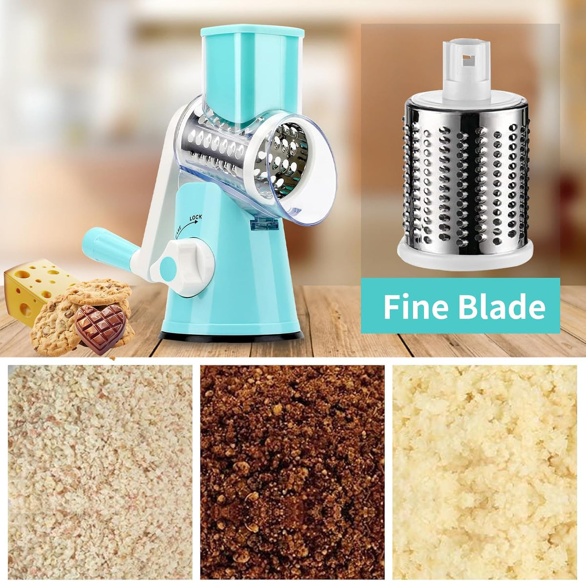 Cheese Grater Hand Crank With High-suction Base, Multifunctional Hand Cheese Grater with Handle, Rotary Cheese Shredder Vegetable Slicer Nuts Grinder, Blue