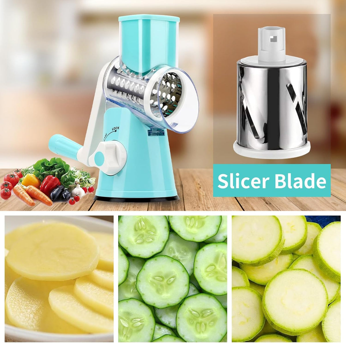 Cheese Grater Hand Crank With High-suction Base, Multifunctional Hand Cheese Grater with Handle, Rotary Cheese Shredder Vegetable Slicer Nuts Grinder, Blue