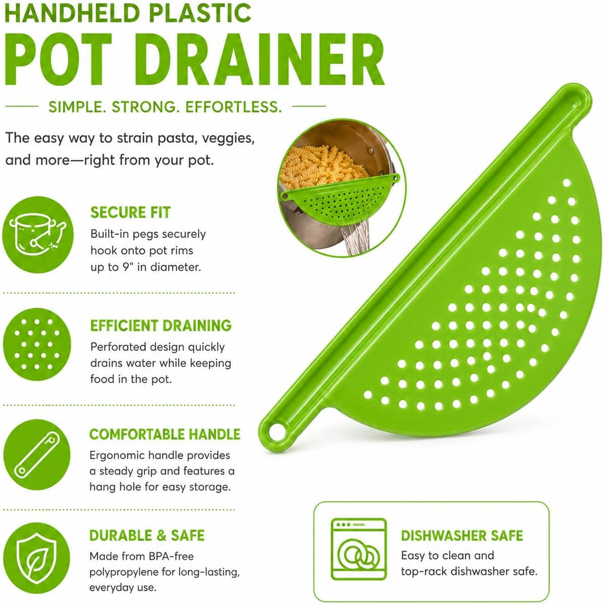 Handheld Plastic Pot Drainer, Noodle & Pasta Strainer with Handle - Fits up to 9" Pots - Green