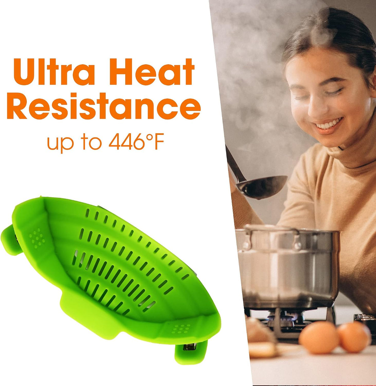 Silicone Clip on Pot Strainer, Heat-resistant Snap-On Strainer for Pasta, Noodles, Rice, Meats and Vegetables, Green