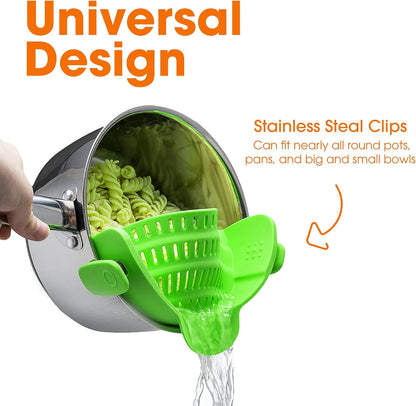 Silicone Clip on Pot Strainer, Heat-resistant Snap-On Strainer for Pasta, Noodles, Rice, Meats and Vegetables, Green
