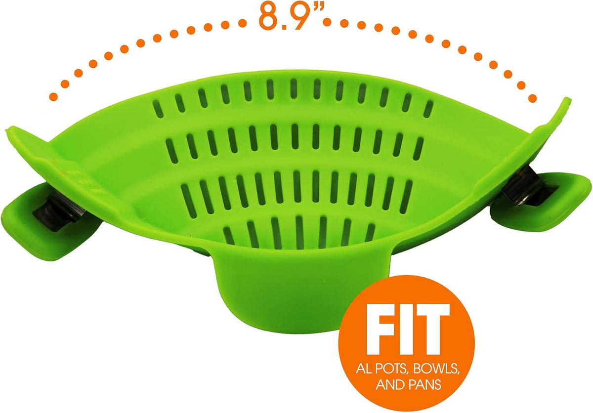 Silicone Clip on Pot Strainer, Heat-resistant Snap-On Strainer for Pasta, Noodles, Rice, Meats and Vegetables, Green