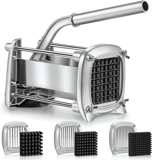 Professional Stainless Steel French Fry Cutter, 3 Blades (1/2", 3/8", 1/4") for Potatoes, Carrots, Apples, Commercial & Home Use