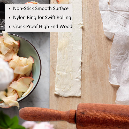 Classic Sapele Wooden Rolling Pin With Handles 17''L x 1.77"W | Wood Baking Roller for Pizza, Pie, Bread, Pastry & Cookie Dough