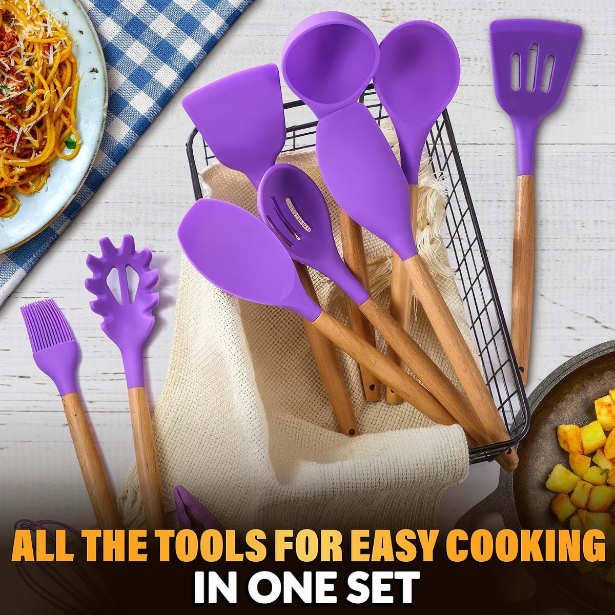 12 Pcs Purple Kitchen Accessories Set with Holder, Silicone Heads
