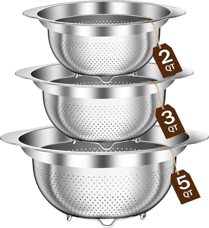 Stainless Steel Colander for Kitchen, Stainless Steel Strainer, Pasta Strainer for Spaghetti Fruit Cooking Food, 3 Pcs Strainers and Colanders(2QT, 3QT, 5QT), Dishwasher Safe, Kitchen Present