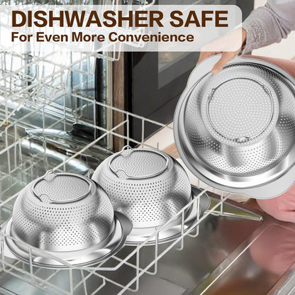 Stainless Steel Colander for Kitchen, Stainless Steel Strainer, Pasta Strainer for Spaghetti Fruit Cooking Food, 3 Pcs Strainers and Colanders(2QT, 3QT, 5QT), Dishwasher Safe, Kitchen Present
