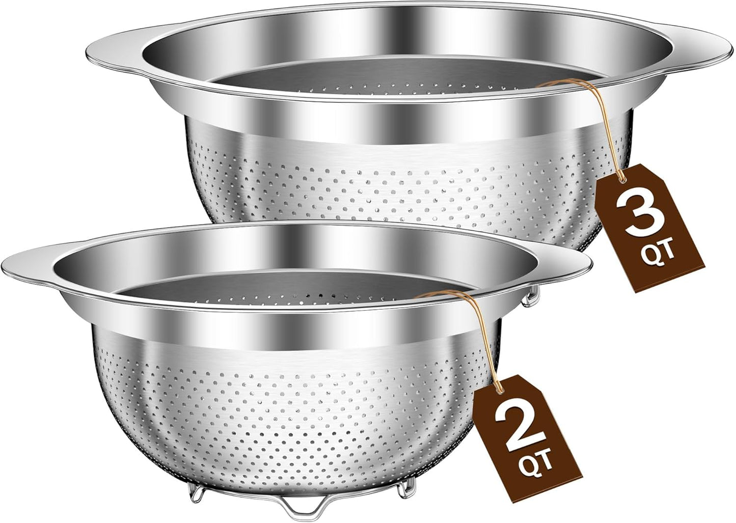 Stainless Steel Colander for Kitchen, Stainless Steel Strainer, Pasta Strainer for Spaghetti Fruit Cooking Food, 3 Pcs Strainers and Colanders(2QT, 3QT, 5QT), Dishwasher Safe, Kitchen Present