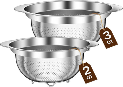 Stainless Steel Colander for Kitchen, Stainless Steel Strainer, Pasta Strainer for Spaghetti Fruit Cooking Food, 3 Pcs Strainers and Colanders(2QT, 3QT, 5QT), Dishwasher Safe, Kitchen Present