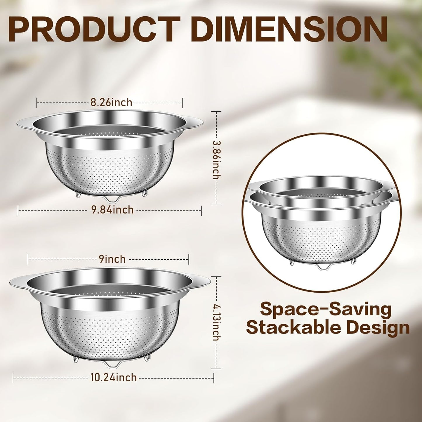 Stainless Steel Colander for Kitchen, Stainless Steel Strainer, Pasta Strainer for Spaghetti Fruit Cooking Food, 3 Pcs Strainers and Colanders(2QT, 3QT, 5QT), Dishwasher Safe, Kitchen Present