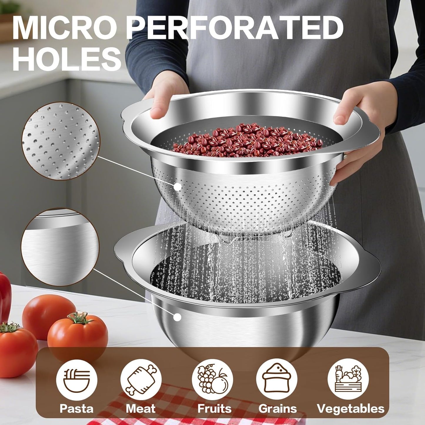 Stainless Steel Colander for Kitchen, Stainless Steel Strainer, Pasta Strainer for Spaghetti Fruit Cooking Food, 3 Pcs Strainers and Colanders(2QT, 3QT, 5QT), Dishwasher Safe, Kitchen Present