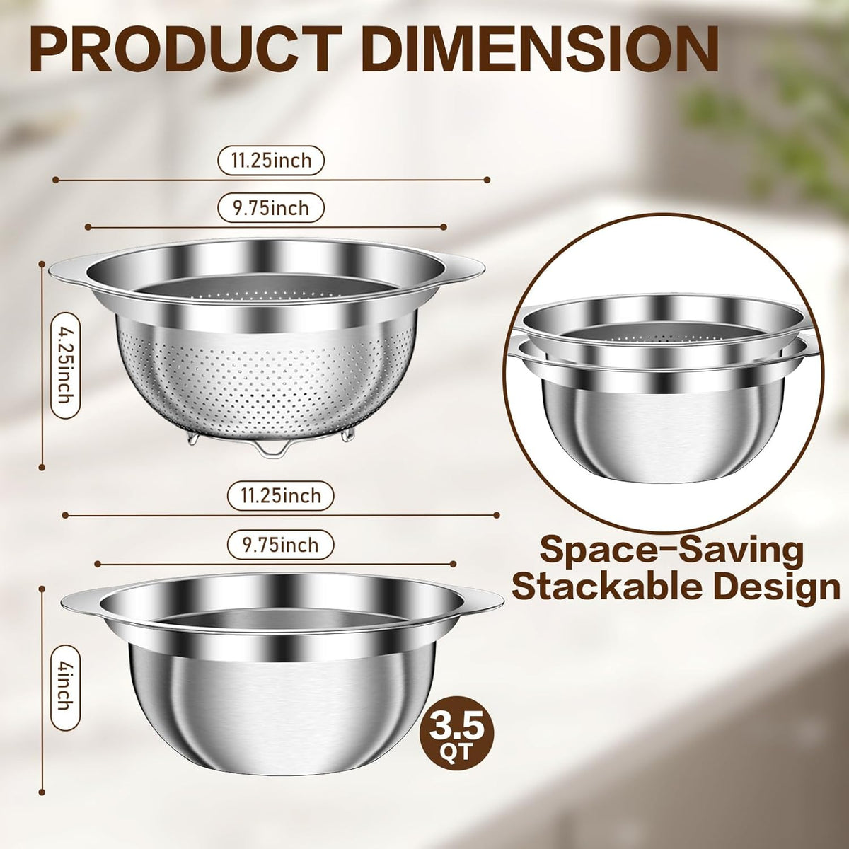 Stainless Steel Colander for Kitchen, Stainless Steel Strainer, Pasta Strainer for Spaghetti Fruit Cooking Food, 3 Pcs Strainers and Colanders(2QT, 3QT, 5QT), Dishwasher Safe, Kitchen Present