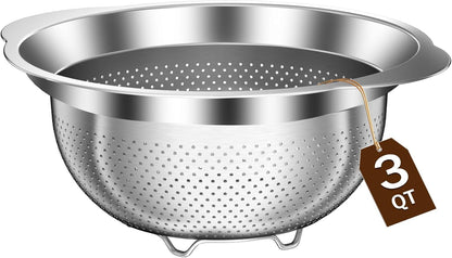 Stainless Steel Colander for Kitchen, Stainless Steel Strainer, Pasta Strainer for Spaghetti Fruit Cooking Food, 3 Pcs Strainers and Colanders(2QT, 3QT, 5QT), Dishwasher Safe, Kitchen Present