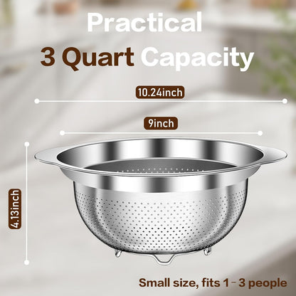 Stainless Steel Colander for Kitchen, Stainless Steel Strainer, Pasta Strainer for Spaghetti Fruit Cooking Food, 3 Pcs Strainers and Colanders(2QT, 3QT, 5QT), Dishwasher Safe, Kitchen Present