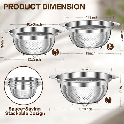 Stainless Steel Colander for Kitchen, Stainless Steel Strainer, Pasta Strainer for Spaghetti Fruit Cooking Food, 3 Pcs Strainers and Colanders(2QT, 3QT, 5QT), Dishwasher Safe, Kitchen Present