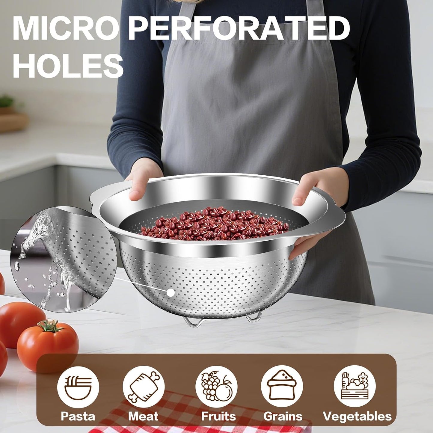 Stainless Steel Colander for Kitchen, Stainless Steel Strainer, Pasta Strainer for Spaghetti Fruit Cooking Food, 3 Pcs Strainers and Colanders(2QT, 3QT, 5QT), Dishwasher Safe, Kitchen Present