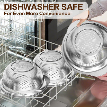 Stainless Steel Colander for Kitchen, Stainless Steel Strainer, Pasta Strainer for Spaghetti Fruit Cooking Food, 3 Pcs Strainers and Colanders(2QT, 3QT, 5QT), Dishwasher Safe, Kitchen Present
