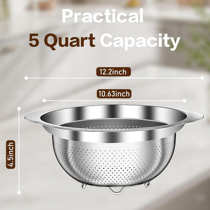 Stainless Steel Colander for Kitchen, Stainless Steel Strainer, Pasta Strainer for Spaghetti Fruit Cooking Food, 3 Pcs Strainers and Colanders(2QT, 3QT, 5QT), Dishwasher Safe, Kitchen Present