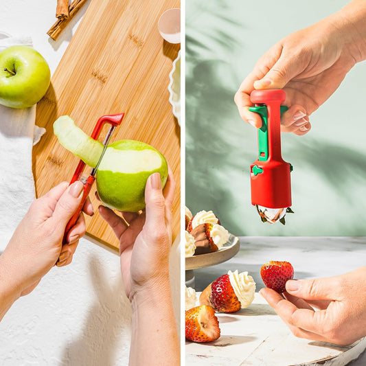 Peel & Pit Bundle | Sharple Self-Sharpening Fruit & Vegetable Speed Peeler and Hullapit Easy, Fast Cherry Pitter & Strawberry Huller