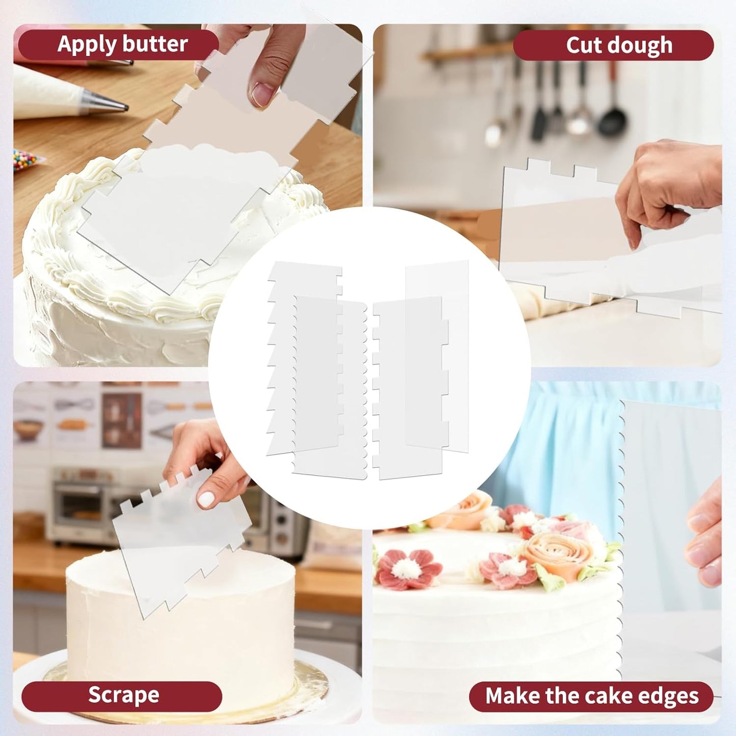 4 Pcs Clear Cake Scraper Set Acrylic Cake Scraper Smoother Cake Stripes Edge Contour Comb Clear Acrylic Cake Decorating Supplies for Mousse Butter Cream Frosting