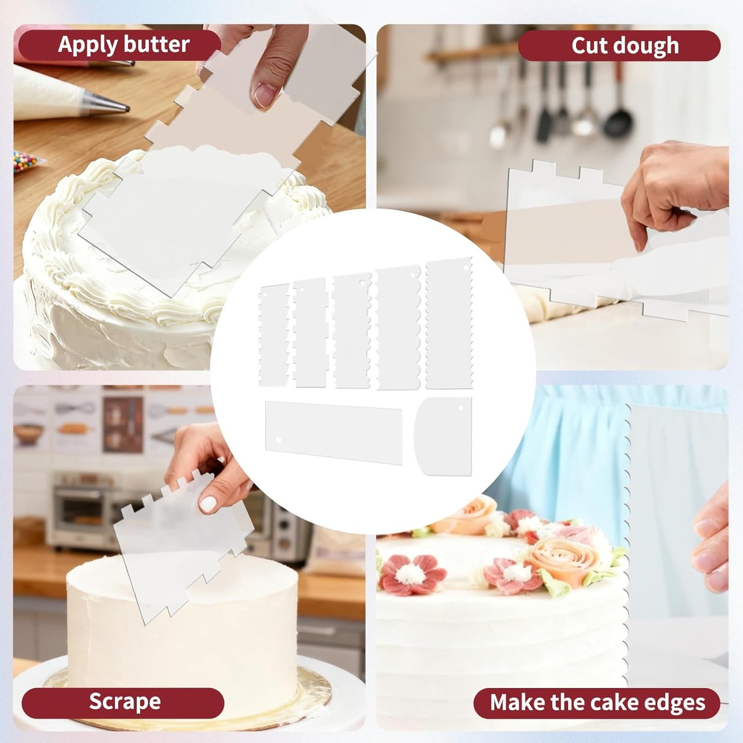 4 Pcs Clear Cake Scraper Set Acrylic Cake Scraper Smoother Cake Stripes Edge Contour Comb Clear Acrylic Cake Decorating Supplies for Mousse Butter Cream Frosting