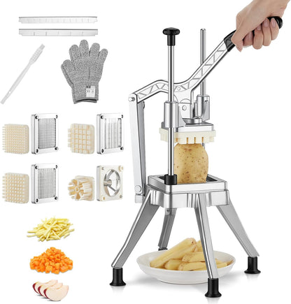 FOHRER Commercial Vegetable Chopper French Fry Cutter – Heavy Duty Potato Dicer with 4 Stainless Steel Blades (1/4", 3/8", 1/2", 6-Wedge) for Restaurant, Food Truck & Commercial Kitchen Prep