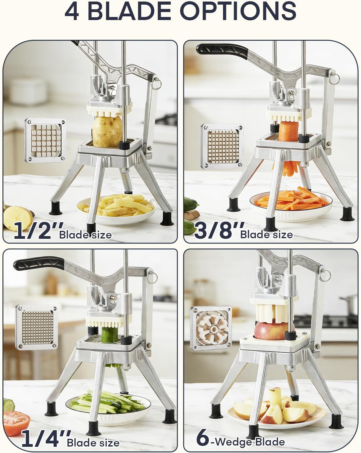 FOHRER Commercial Vegetable Chopper French Fry Cutter – Heavy Duty Potato Dicer with 4 Stainless Steel Blades (1/4", 3/8", 1/2", 6-Wedge) for Restaurant, Food Truck & Commercial Kitchen Prep